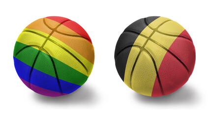 Obraz premium basketball balls with the rainbow gay pride flag and flag of belgium on the white background.