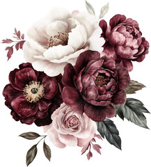 Watercolor burgundy flowers. Floral peony bouquet clipart. Generative AI.