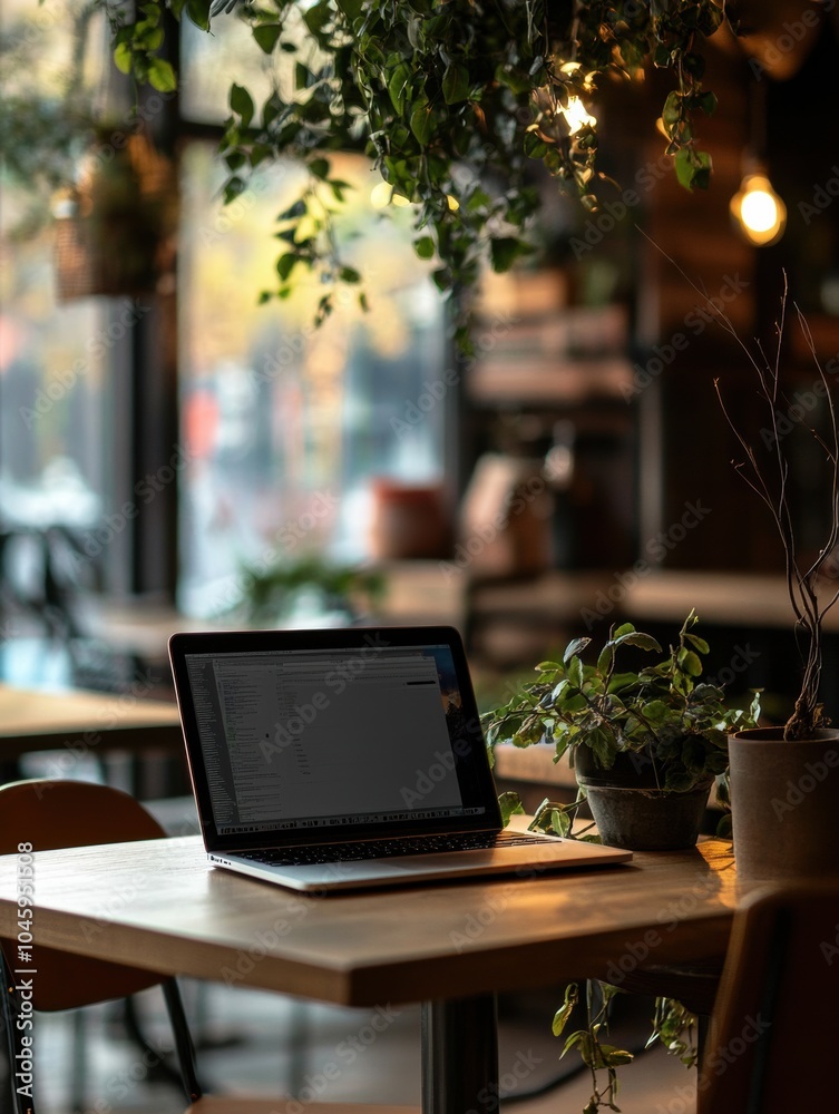 Aufkleber the laptop sits on a wooden table surrounded by greenery in a warm and inviting café, ideal for focu