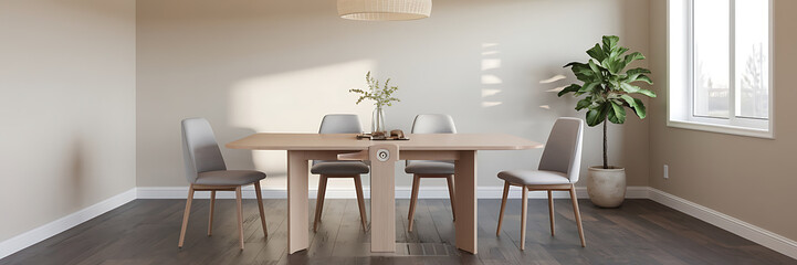 Modern minimalist dining room with wooden table and grey chairs  perfect for a cozy and stylish home   