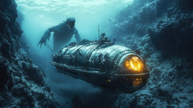 Scary monster and research bathyscaphe underwater in deep sea, prehistoric marine predator hunts in ocean. Concept of horror, fantasy, depth, vehicle, water - Powered by Adobe