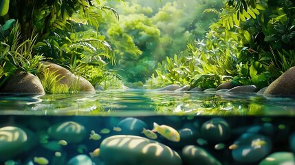  Painting shows a stream in a forest, surrounded by green plants and rocks, bathed in sunlight filtering through the tree canopy