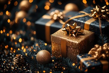 Black Friday Sale banner, gold text. Background sparkling lights garland with gifts box and golden tinsel, gold confetti xmas bauble. Horizontal posters, cards, brochure, cover, headers, website