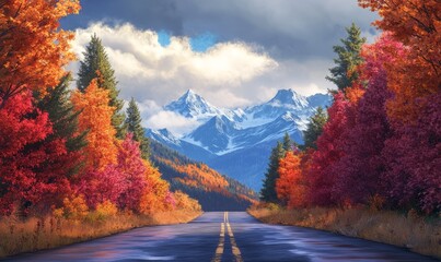 Quiet mountain pass in autumn, with colorful trees lining the road and mountains in the distance
