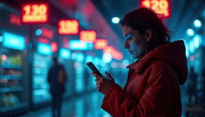 Obraz premium A woman in a red coat uses her smartphone in a neon-lit urban setting, showcasing modern city life and technology.