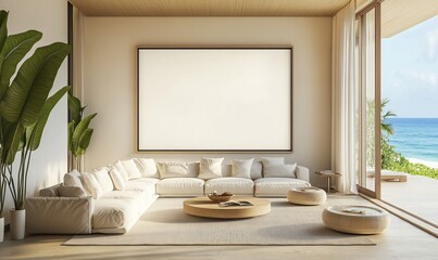 The serene atmosphere of a coastal living room is amplified by a frame mockup, its sleek design marrying the simplicity of the beach with interior elegance