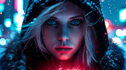 Here is the metadata for the image you provided Close-up portrait of a young woman with intense gaze, illuminated by neon lights, in a futuristic urban setting