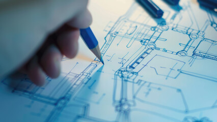Futuristic robotic arm drawing technical blueprint