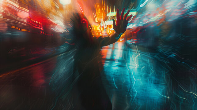 Abstract silhouette of a person reaching out amidst vibrant, neon city lights with motion blur