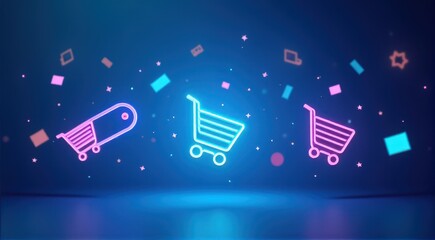 Neon shopping cart icons float against a dark background, symbolizing online shopping and digital commerce innovation.