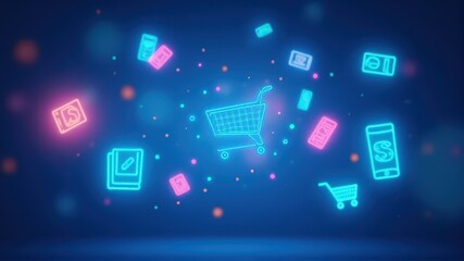 Naklejka premium Neon shopping cart icons float in a digital space, symbolizing e-commerce and digital transactions on a blue blurred background.