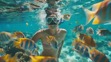 Asian woman in a stylish bikini snorkeling with vibrant fish in clear waters