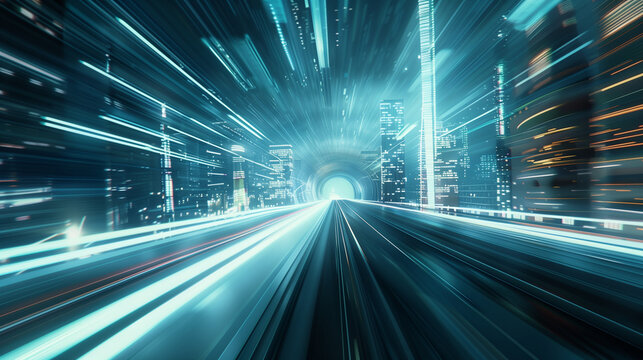 Dynamic futuristic cityscape with blurred light trails suggesting fast movement through a tunnel - Powered by Adobe