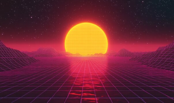 Synthwave sunset backround. Retro future 80s backdrop. Perspective grid, sun, dark starry sky. Futuristic sci-fi virtual scene.