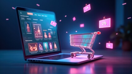 Futuristic online shopping concept with a digital shopping cart hovering over a laptop, showcasing e-commerce and virtual retail technology.