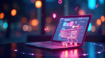 A glowing digital shopping cart hovers over a laptop keyboard in a bokeh-filled environment, symbolizing e-commerce technology.