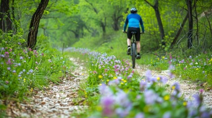 Fototapeta premium Cyclist on a boardwalk with a city skyline in the background
