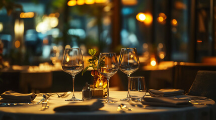 Elegant corporate event venue with sophisticated table settings and ambient lighting