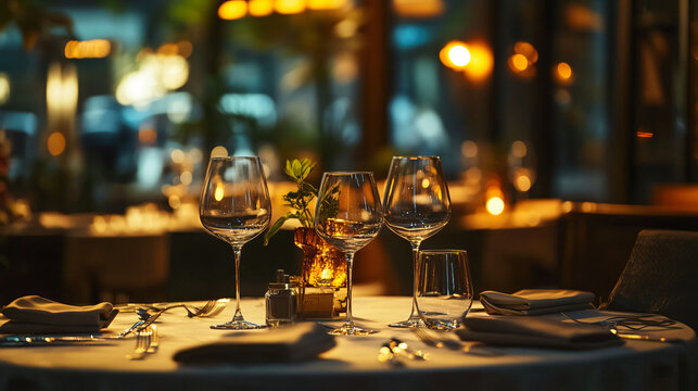 Elegant corporate event venue with sophisticated table settings and ambient lighting