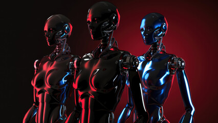 Three Sleek Androids Standing Together in a Dramatic Lighting Setup