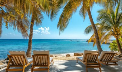 Relaxing resort lounge area featuring palm trees with stunning ocean views, ideal for enjoying the sun and coastal breeze near sandy beaches
