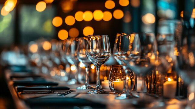 Elegant corporate event venue with sophisticated table settings and ambient lighting