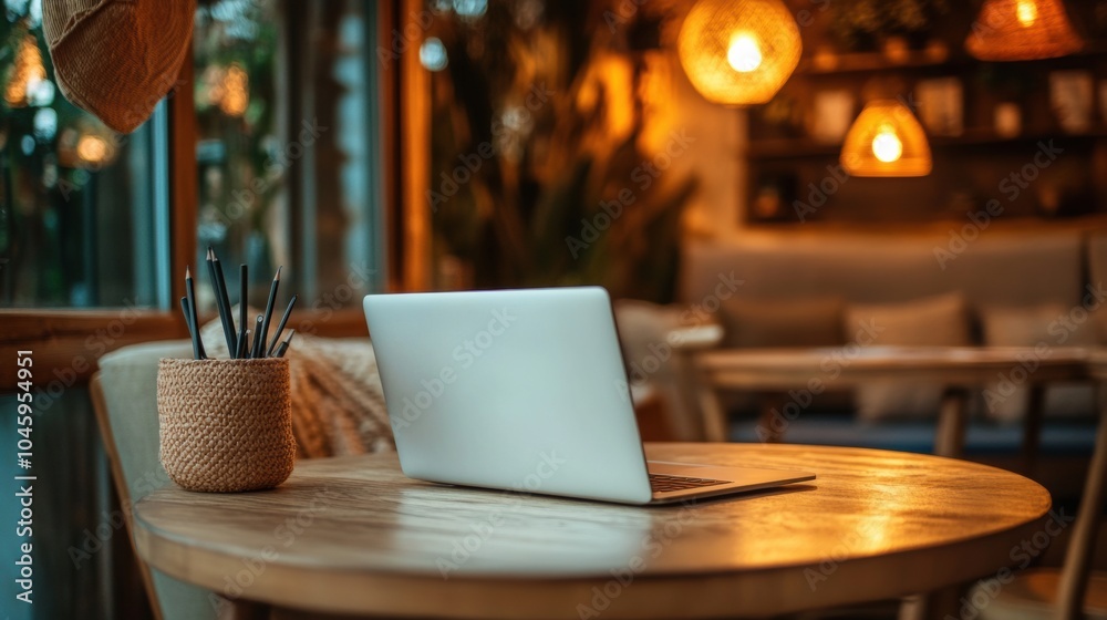 Poster a bright laptop sits on a rustic wooden table, bathed in warm, inviting light, ideal for work or stu