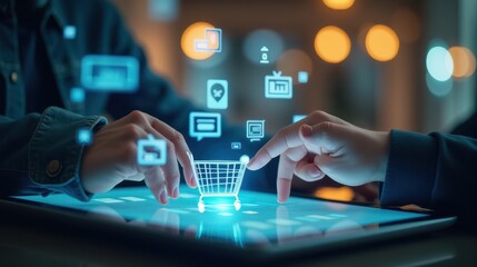 Hands interact with a digital tablet displaying a glowing shopping cart icon, symbolizing online shopping technology in a dynamic and futuristic setting.