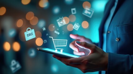 Obraz premium A person uses a tablet with digital shopping icons floating above, highlighting the concept of online shopping and e-commerce technology.