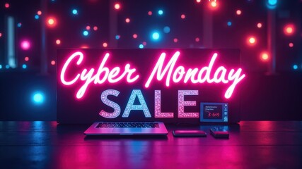 Vibrant "Cyber Monday Sale" neon sign with tech devices on a dark backdrop, highlighting online shopping excitement.