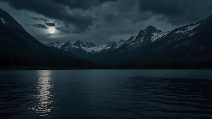 Mountain landscape by a lake under a dark, cloudy night sky, with the full moon illuminating the scene and its reflection on the water, creating a serene nature backdrop