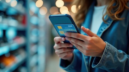 A person uses a smartphone for secure online shopping, holding a credit card, highlighting digital payment convenience and technology.