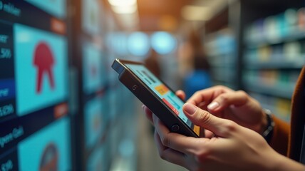 Person using mobile device with digital interface in a futuristic environment, highlighting technology and connectivity.