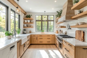 minimalist kitchen design, japandi kitchen features open shelving, birch cabinetry, and a tranquil color scheme, blending function and beauty with space for text