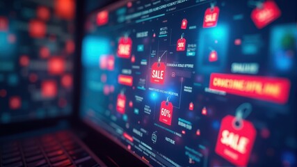 Obraz premium Digital sale concept featuring glowing red price tags and discounts displayed on a computer screen against a blurred background.