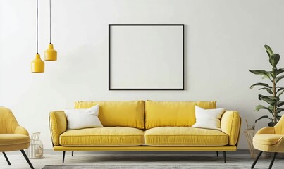 Spacious living room with yellow sofa, armchair and mockup postres frame on wall
