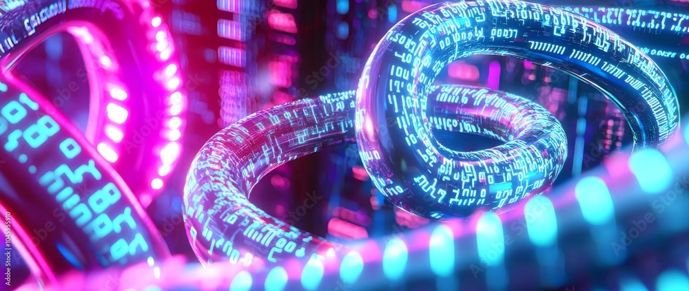 Wall mural blue matrix binary code shaped like a long digital pipeline, isolated on black.