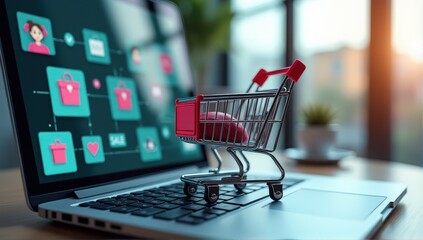 Miniature shopping cart on laptop keyboard symbolizing online shopping and digital commerce with network connections in the background.