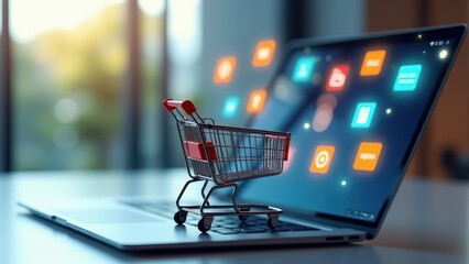 Mini shopping cart on a laptop represents e-commerce and digital shopping innovation with glowing app icons in the background.