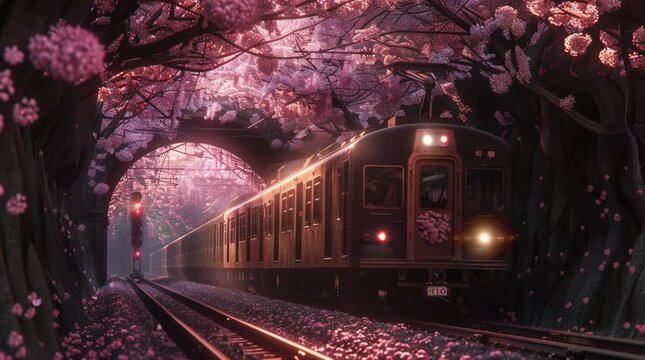 Train passing by sakura trees landscape at night with glowing atmosphere  
Seamless looping 4k time-lapse virtual video animation Generated AI