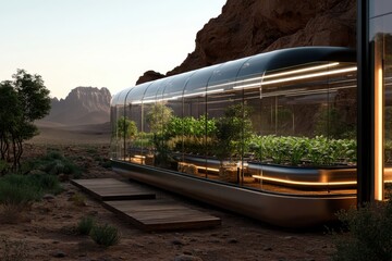 A sleek glass greenhouse nestled in a rocky desert environment, showcasing innovation in sustainable agriculture with an impressive panoramic view.