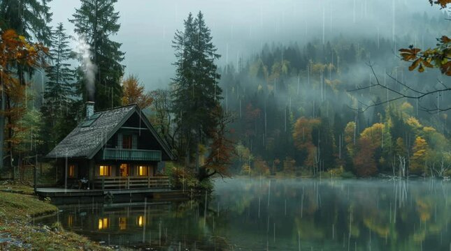 Cozy wooden house by misty lake on rainy day surrounded by peaceful forest  
Seamless looping 4k time-lapse virtual video animation Generated AI