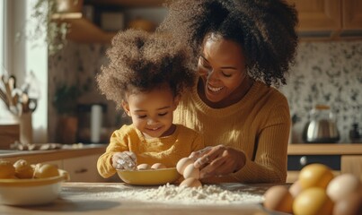 Smiling young African ethnicity mother nanny watching little funny multiracial child girl adding eggs to flour, involved in preparing homemade pastry together on weekend in kitchen, hobby concept