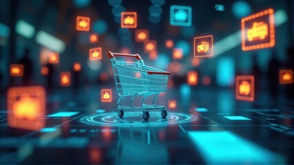 A futuristic shopping cart is surrounded by glowing digital icons, illustrating the blend of traditional retail and modern technology.
