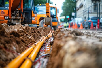Fototapeta premium Yellow Conduit Pipes Being Laid in a Construction Trench