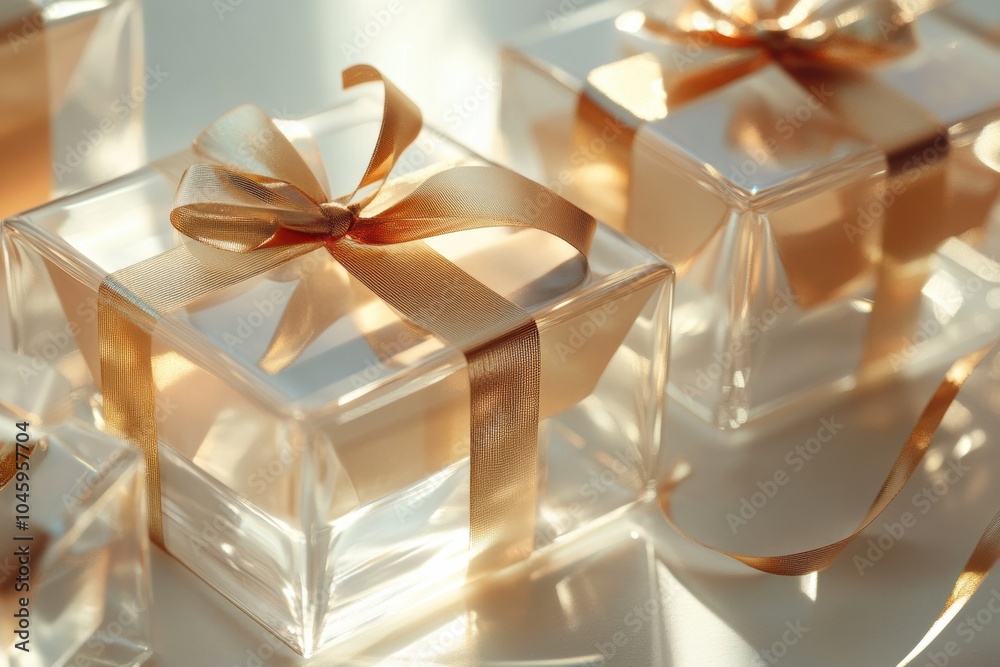 Poster stylish gift boxes with clear geometric shapes and golden ribbons are beautifully arranged, reflecti