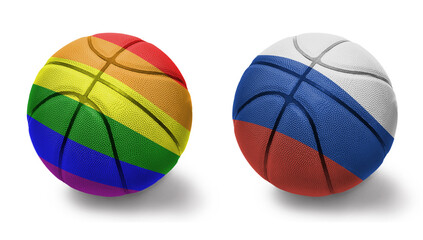 basketball balls with the rainbow gay pride flag and flag of russia on the white background.