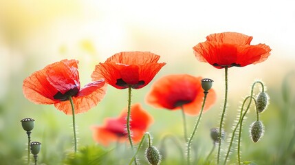 Obraz premium Red flowers on lush grass, adjacent to tall grass