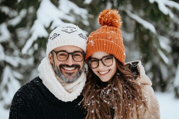 A happy couple, both wearing glasses, embrace and smile broadly while snow gently falls around them, dressed in warm knitted hats and matching winter attire.