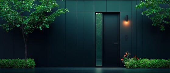 Fototapeta premium Modern Black Door with Green Foliage and Exterior Light